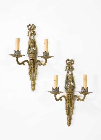 Appraisal: Pair of Louis XVI-Style Gilt-Bronze Two-Light Appliques fourth quarter th