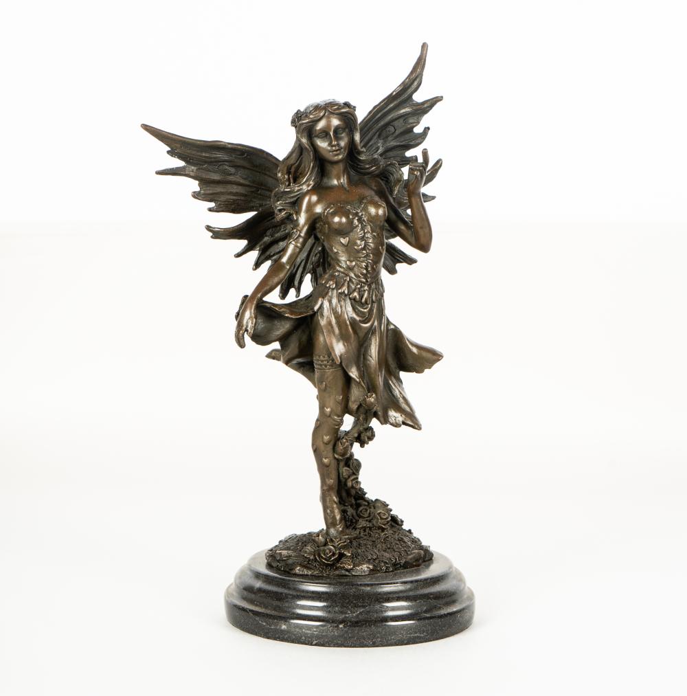 Appraisal: ALDO VITALEH TH CENTURY FAIRYpatinated bronze mounted to marble plinth