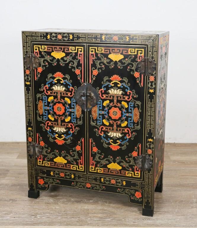 Appraisal: Polychromatic Chinese lacquered cabinet th century Interlocking key and foliage