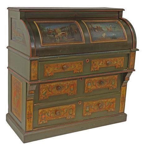 Appraisal: Continental paint decorated cylinder desk early th c case with