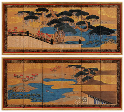 Appraisal: Pair Japanese six-panel table screens red-lacquer frames ink and color