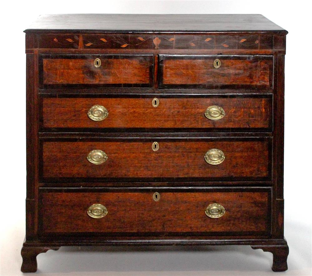 Appraisal: GEORGIAN OAK AND MAHOGANY INLAID CHEST OF DRAWERS the oak