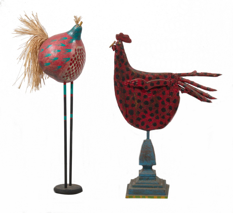 Appraisal: CONTEMPORARY FOLKS ART ROOSTERS Whimsical Free-standing Roosters in painted wood