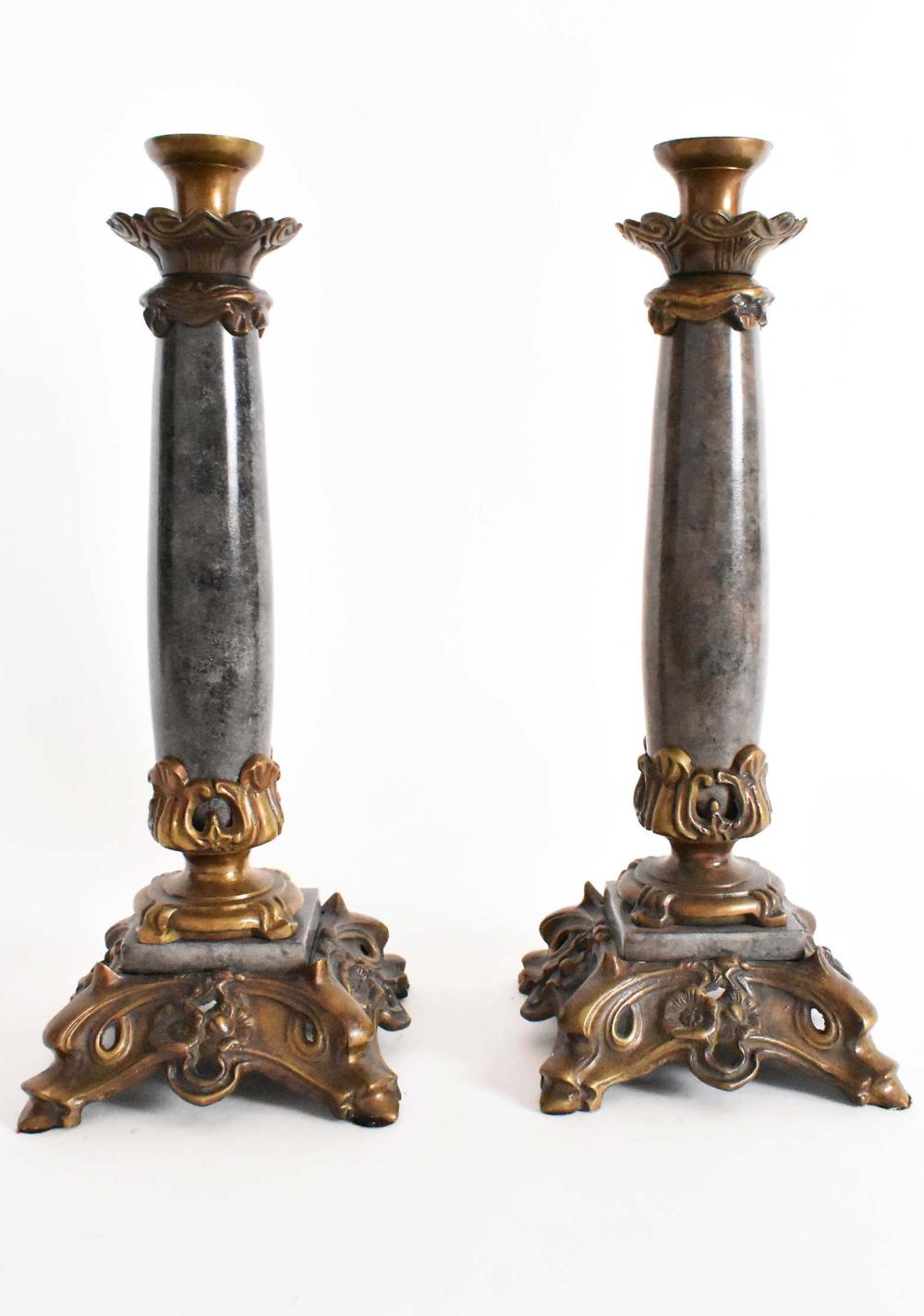 Appraisal: PAIR OF GRAY MARBLE COLUMNAR CANDLESTICKSThe gray marble shafts with