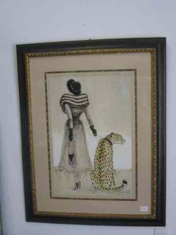 Appraisal: Dupre Art Deco Style Print lady with leopard