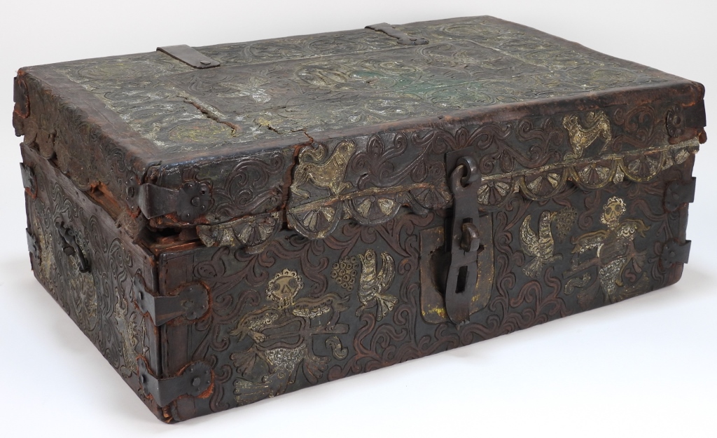 Appraisal: INDO PERSIAN TOOLED LEATHER BIBLE BOX India - th CenturyTooled