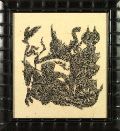 Appraisal: Attractive Cambodian Black and White Stone Rubbing of Two Warriors