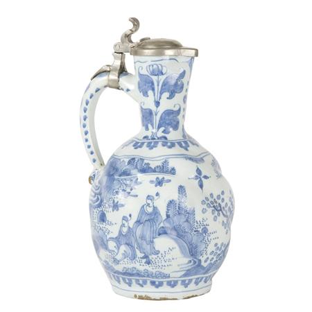 Appraisal: German Faience Blue and White Pewter Mounted Jug Estimate -