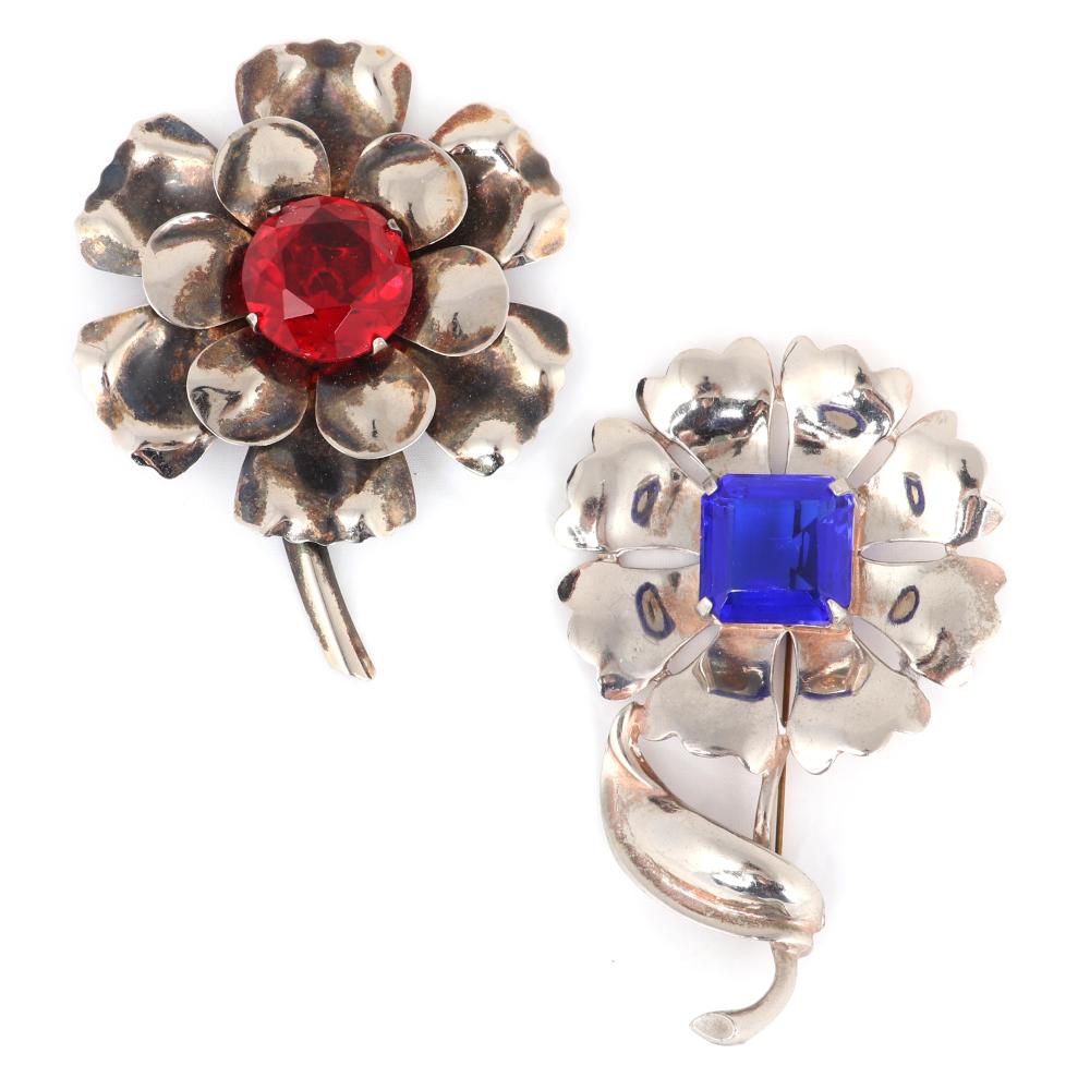 Appraisal: TWO HUGE STERLING VERMEIL RETRO FLOWER PINS WITH LARGE FACETED