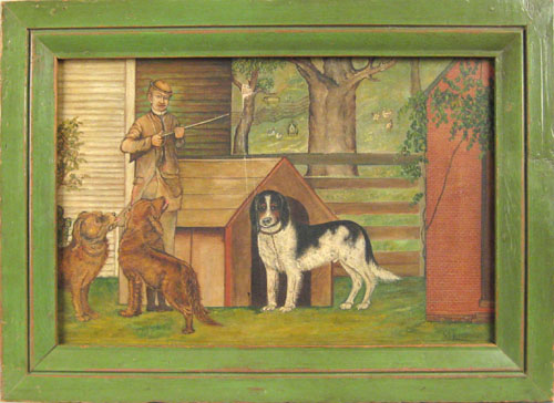 Appraisal: Folk art portrait of a hunter and his hounds th