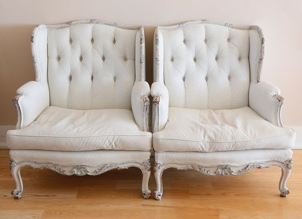 Appraisal: Pair of Continental Upholstered Tufted Bergeres Pair of Continental Upholstered