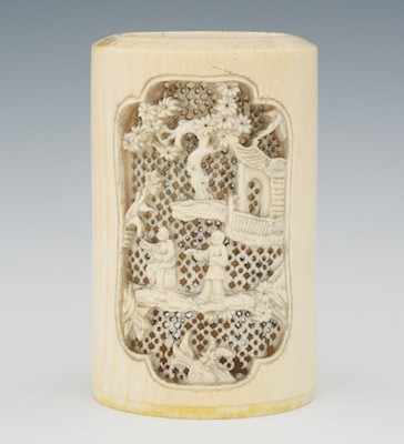 Appraisal: A Carved Reticulated Ivory Cup Chinese Carved vignettes on with