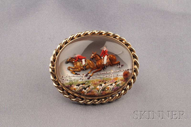 Appraisal: kt Gold and Reverse-painted Crystal Hunting Brooch depicting two pairs