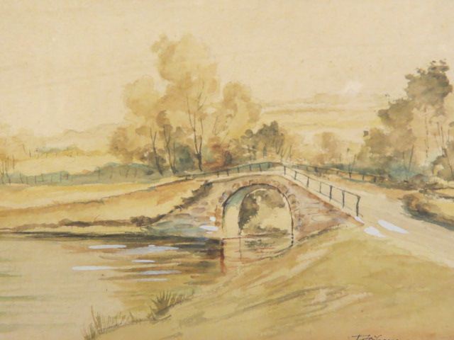 Appraisal: I Holzemann watercolor landscapewith bridge river image area x circa