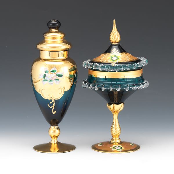 Appraisal: Two Italian Teal Glass Enamel and K Gold Lidded Vessels