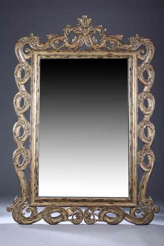 Appraisal: FRENCH STYLE SILVER-PAINTED OVERMANTLE MIRROR Scrolling foliate swag encompassing molded