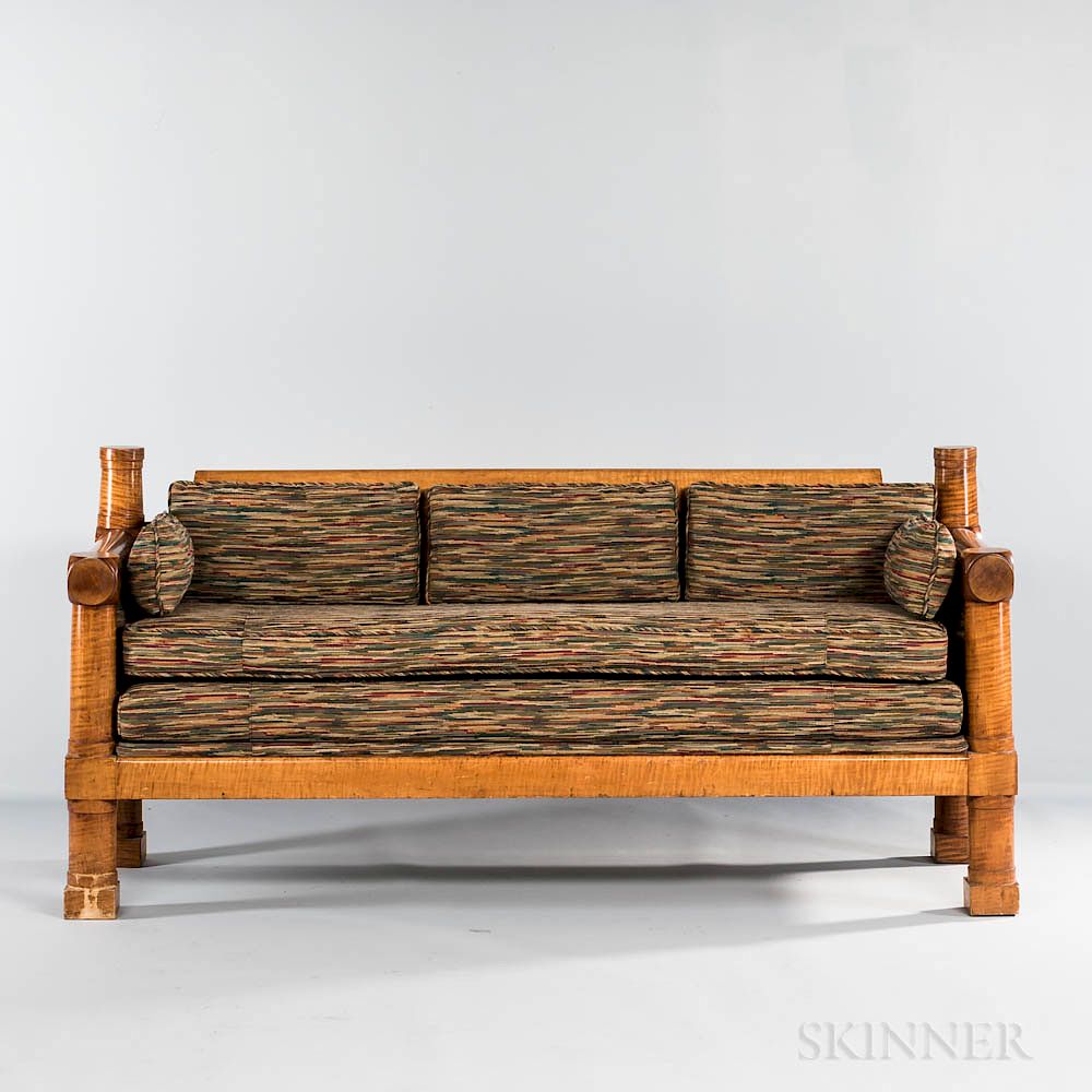 Appraisal: Turned Tiger Maple Country Sofa Turned Tiger Maple Country Sofa