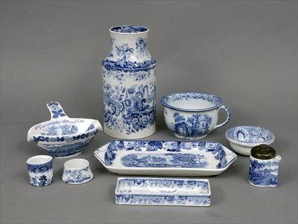 Appraisal: Ten Staffordshire Blue Transfer-Printed Pottery Table Articles Including a two-handled