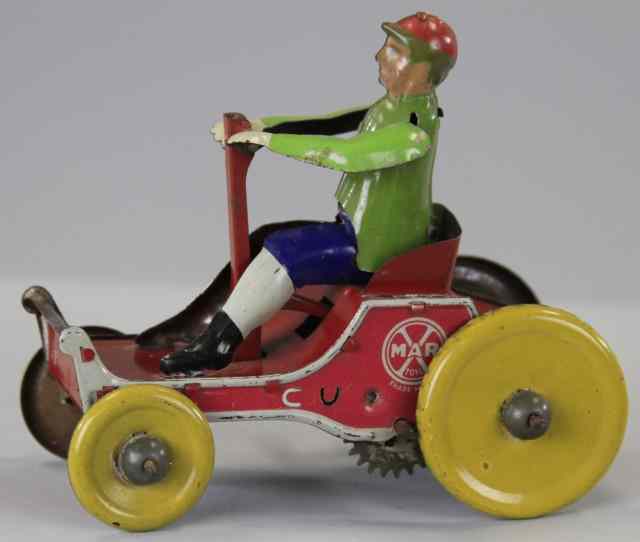 Appraisal: MARX BOY RIDING HAND CAR Lithographed tin open seat hand