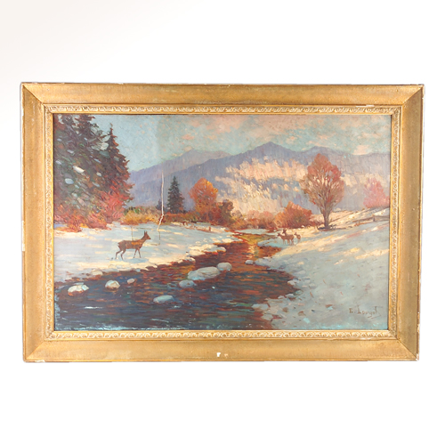 Appraisal: Edmund Louyot German - Winter Landscape with deer oil on