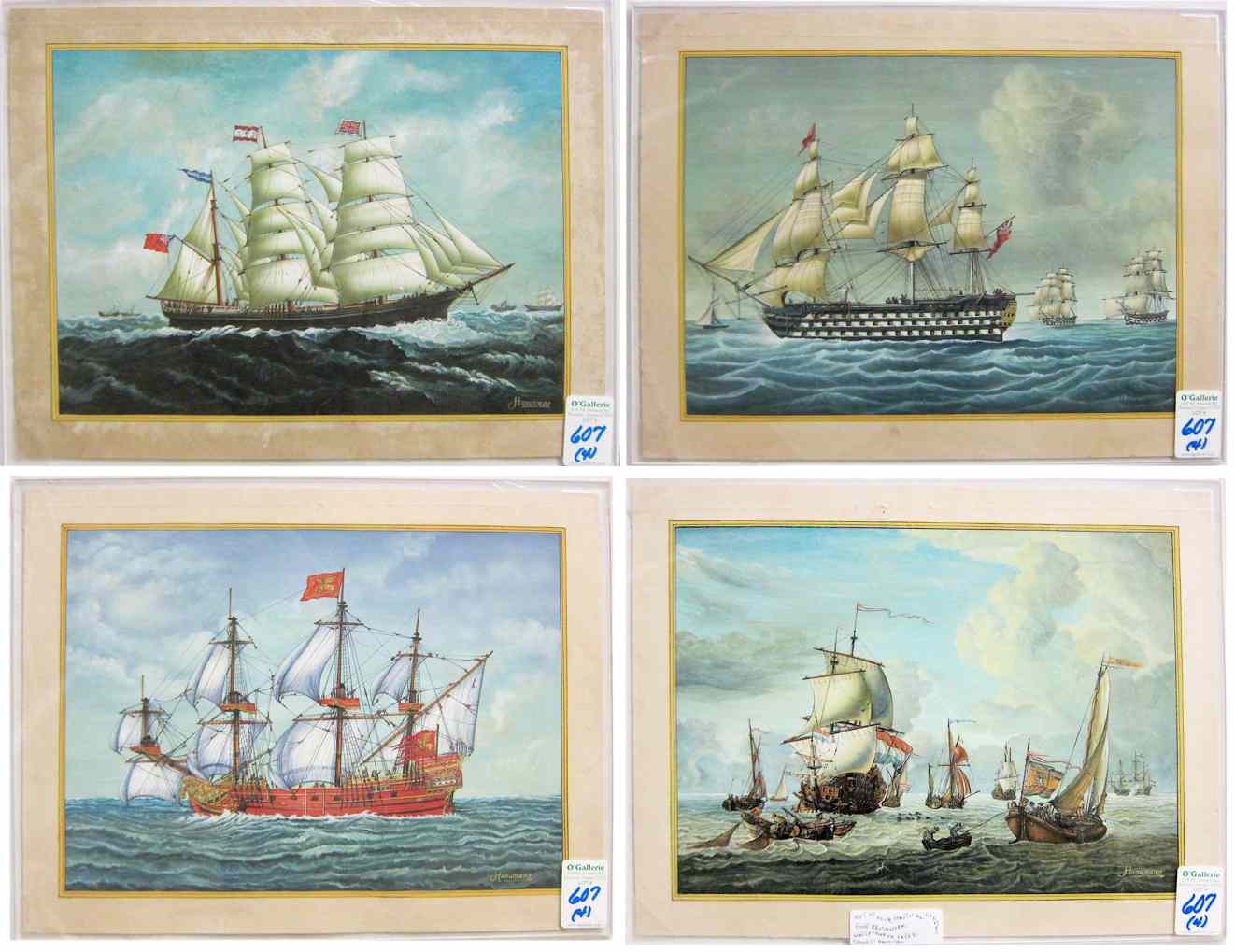 Appraisal: FOUR WATERCOLORS ON PAPER British man o' war three-masted schooner