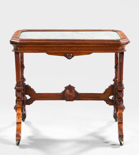 Appraisal: American Renaissance Revival Walnut Burl Walnut and Marble-Top Parlor Table