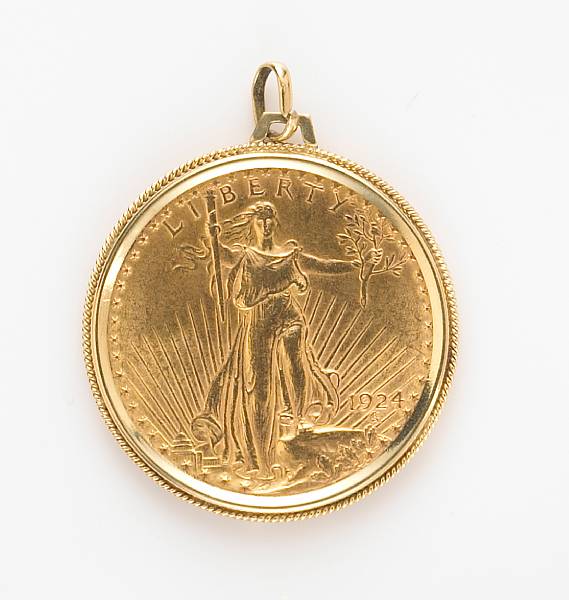 Appraisal: A St Gaudens gold coin pendant with k gold frame