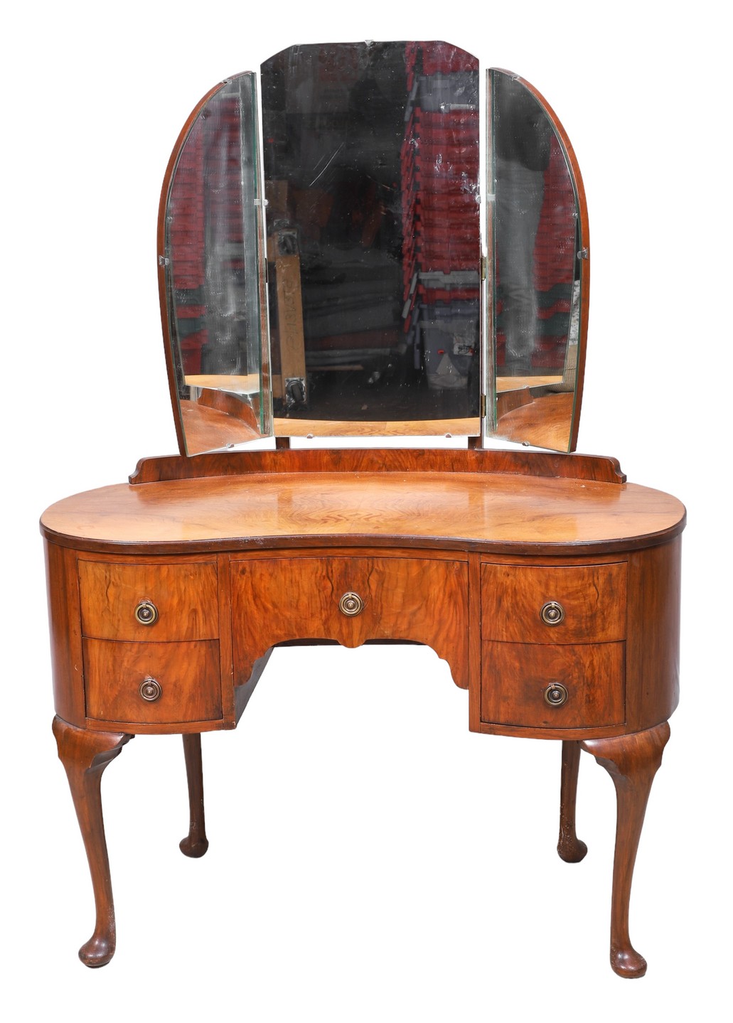 Appraisal: Queen Anne style mahogany kidney shaped vanity trifold mirror center