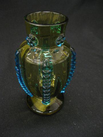 Appraisal: Moser Art Glass Vase applied blue on amber unsigned excellent