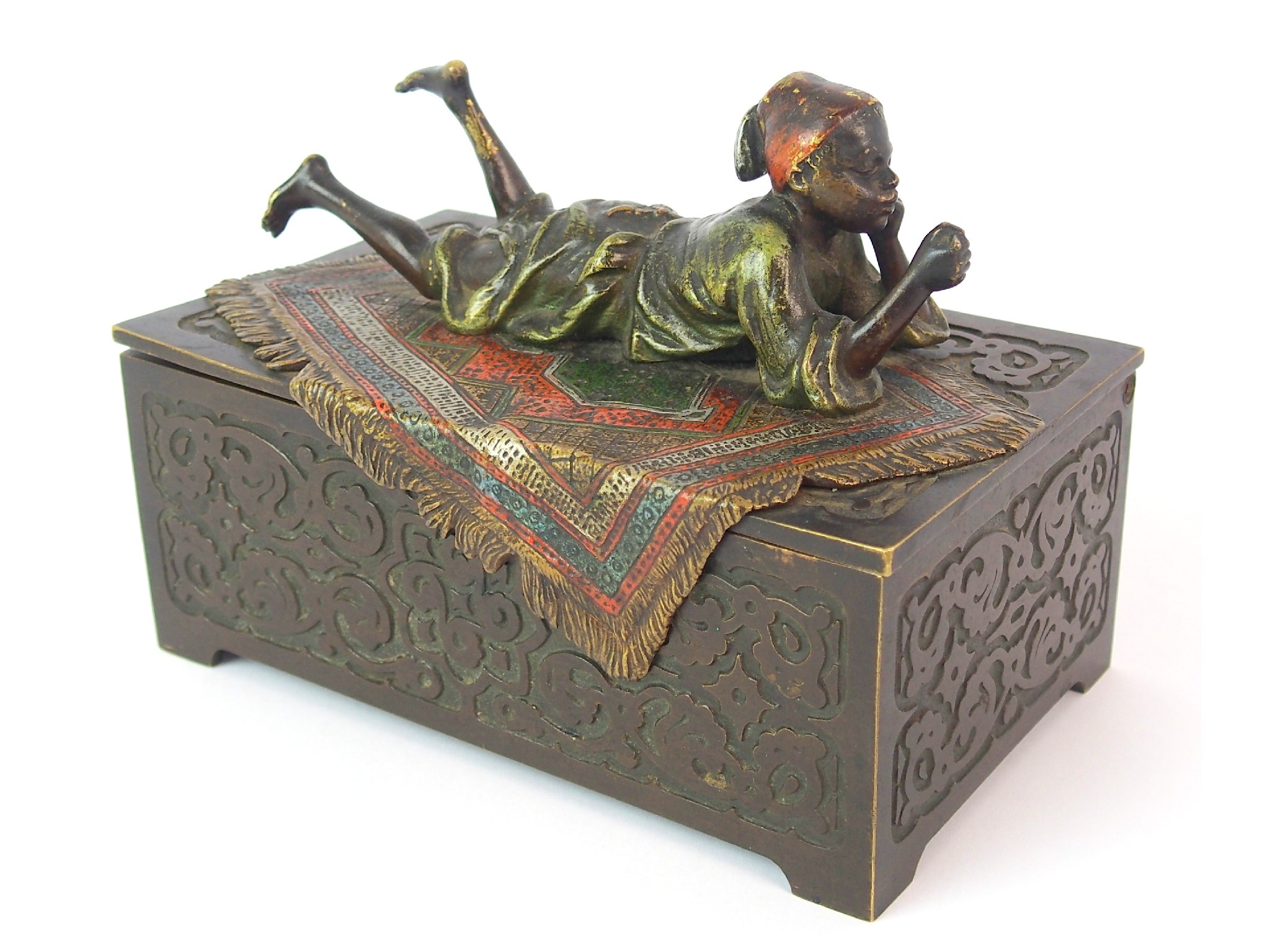 Appraisal: An Austrian cold painted bronze cigarette boxattributed to Franz Bergmann