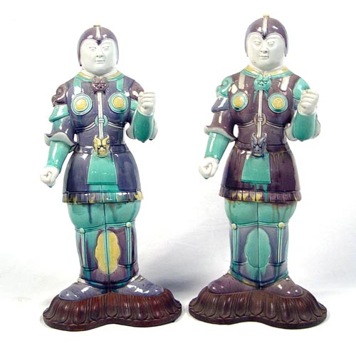 Appraisal: PAIR OF CHINESE PORCELAIN WARRIOR FIGURES Glazed in turquoise violet