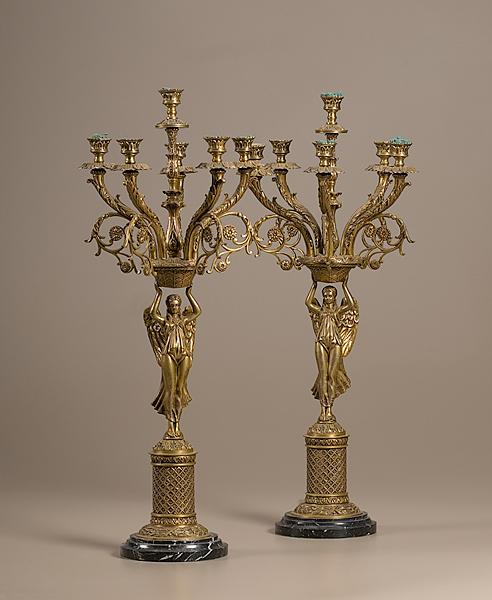 Appraisal: EMPIRE-STYLE GILT BRONZE CANDELABRA French ca - a towering pair