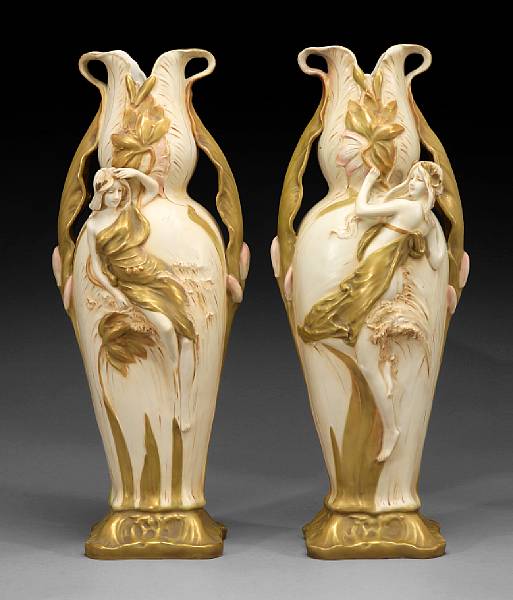 Appraisal: A pair of Royal Dux Art Nouveau glazed earthenware two