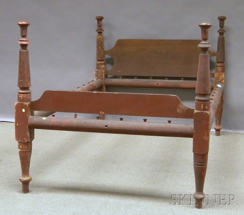 Appraisal: Red-painted Country Classical Turned Post Rope Bed with rails ht