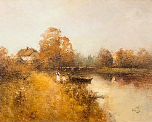 Appraisal: VLADIMIR NASONOV - OIL ON CANVAS VILLAGE SCENE Idyllic river