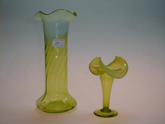 Appraisal: An early thC green glass vase with a vaseline frill