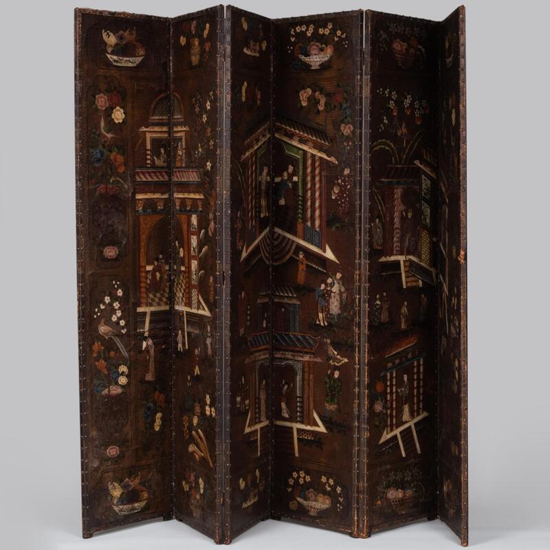 Appraisal: Dutch Painted Leather Chinoiserie Decorated Six Panel Screen ft in