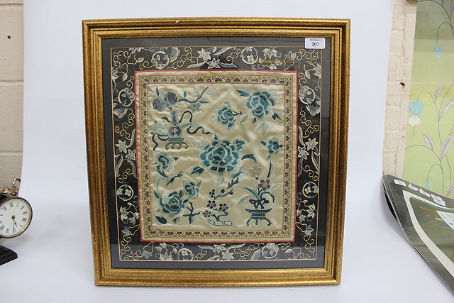 Appraisal: A CHINESE SILK PANEL embroidered with flowering peony and further