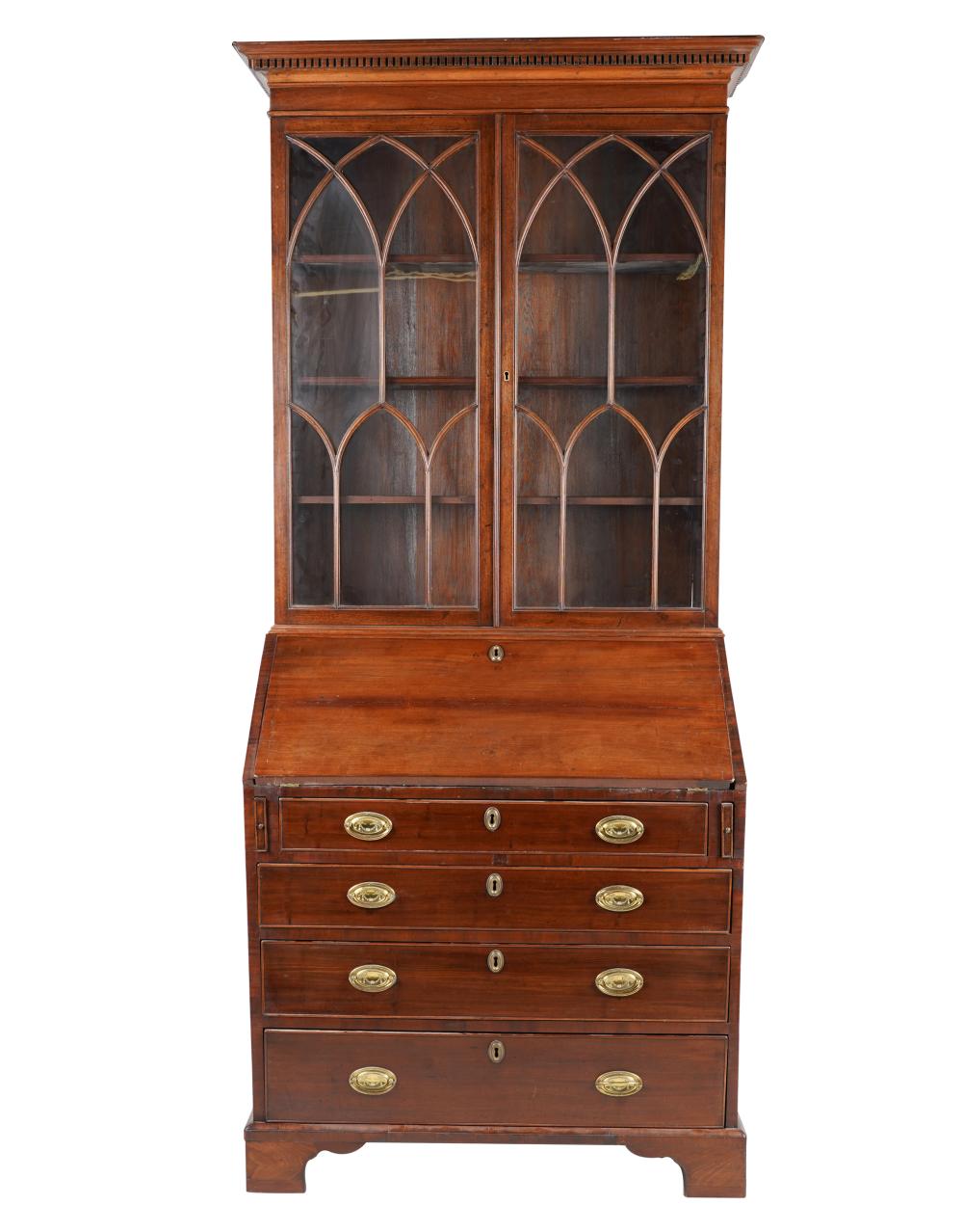 Appraisal: ENGLISH REGENCY-STYLE MAHOGANY SECRETARYin two parts the glazed doors enclosing