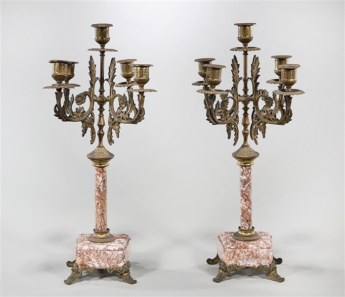 Appraisal: Pair of pink marble and bronze candelabra x x each