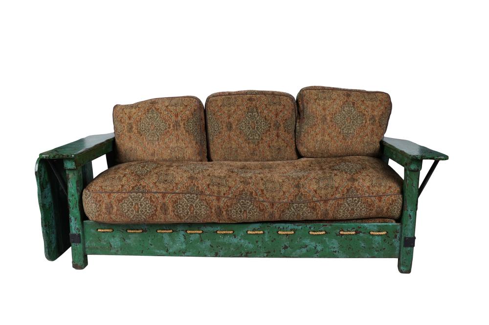 Appraisal: MONTEREY STYLE GREEN PAINTED WOOD SOFAwith rope detail and hinged