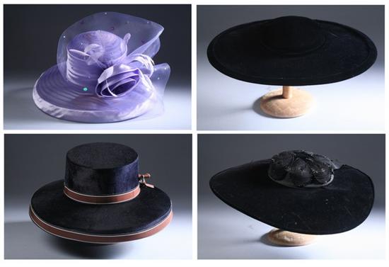 Appraisal: FOUR LADIES HATS Including a lavender Whittall Shon black velvet