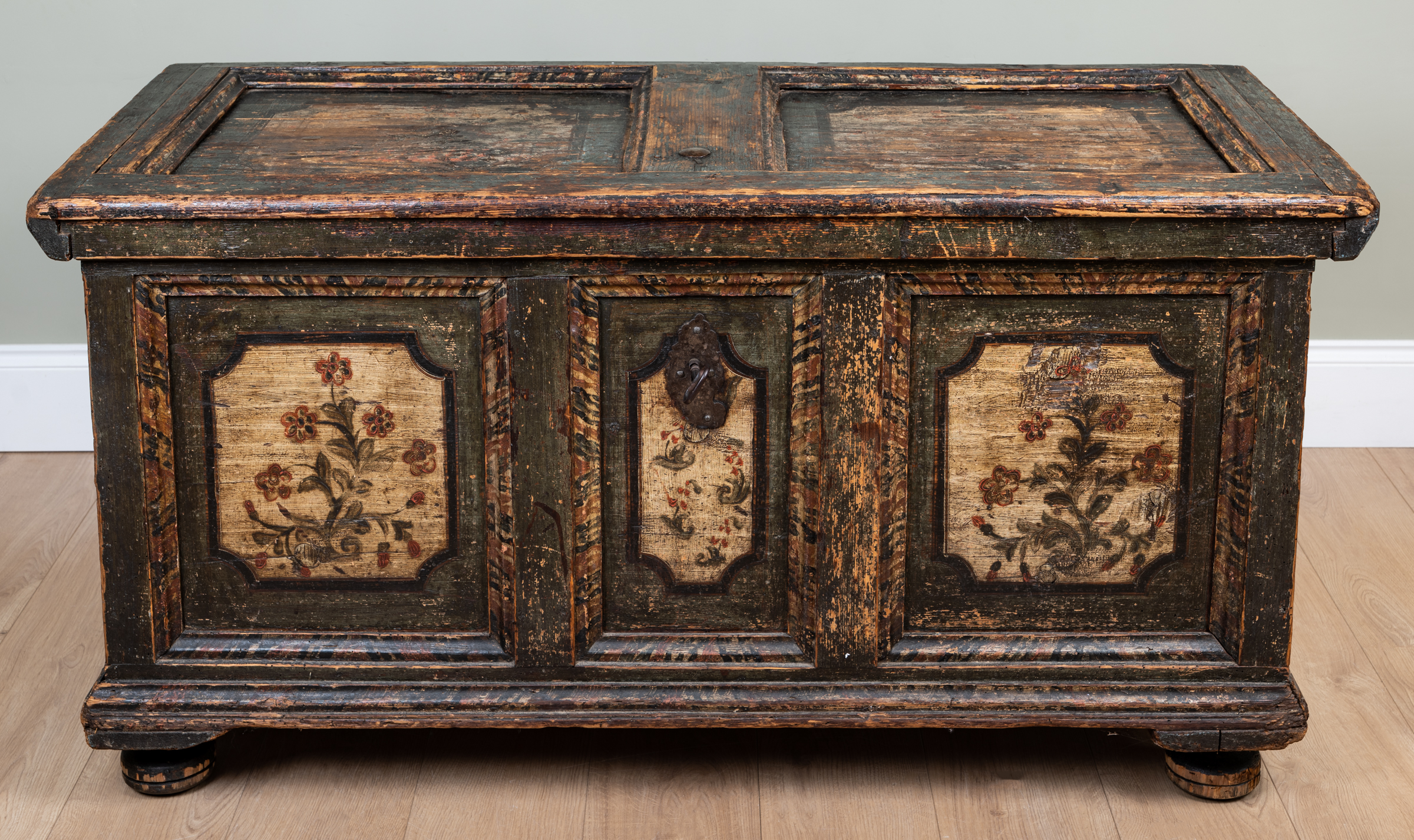 Appraisal: An antique continental possibly Scandinavian painted pine paneled chest with