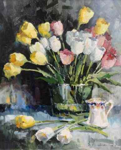 Appraisal: EDMISTON Marla O C Still Life ''Tulips China Crystal ''