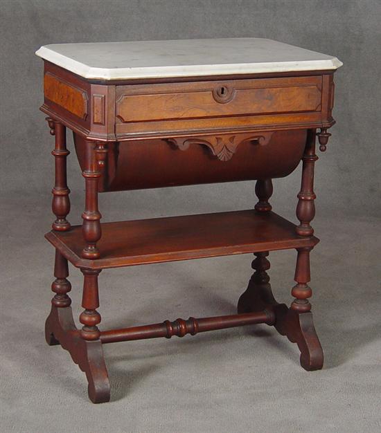 Appraisal: Marble Top Victorian Sewing Table Circa Walnut Medial shelf Fitted