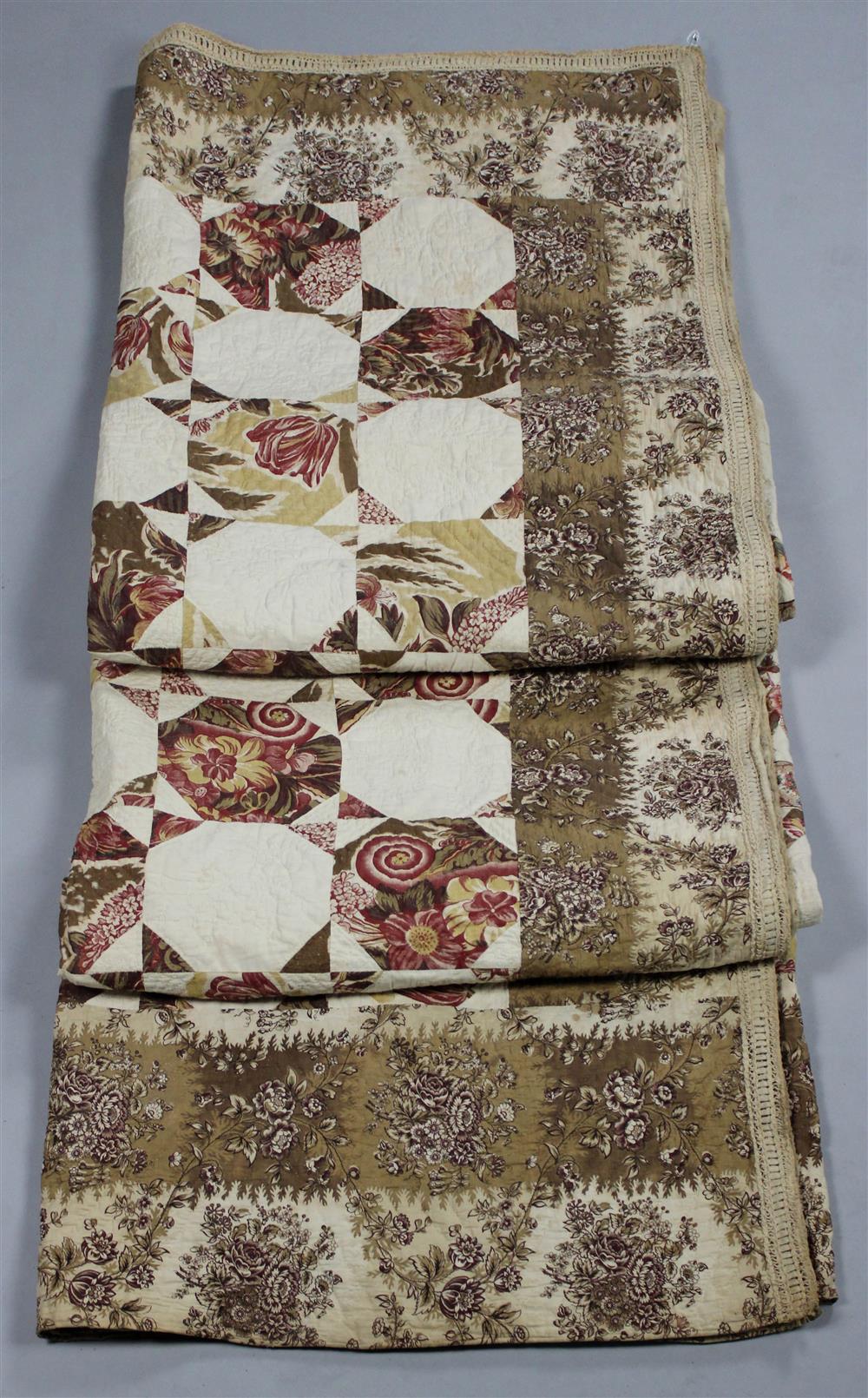 Appraisal: ANTIQUE CHINTZ AND BLOCK QUILT WITH BRAID TRIM the quilt