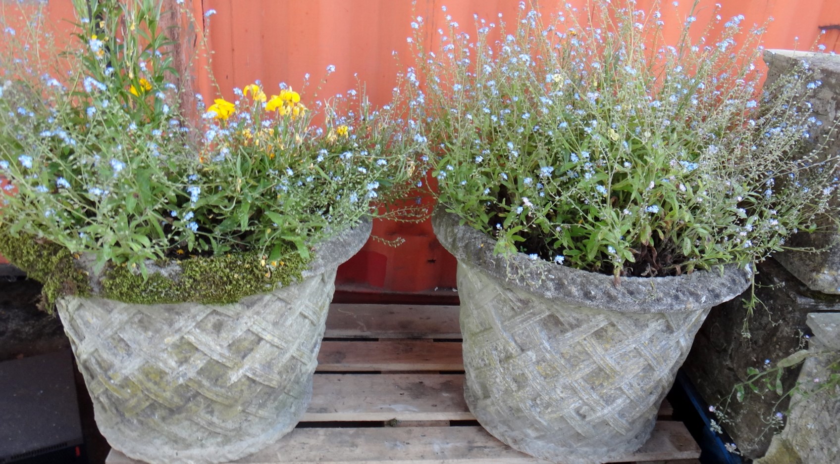 Appraisal: A pair of reconstituted stone circular planters with latticework bodies