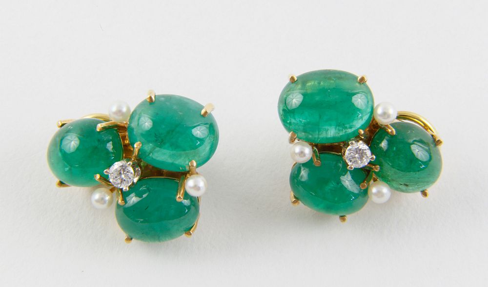 Appraisal: Pair of Seaman Schepps k Yellow Gold Cabochon Emerald Earclips