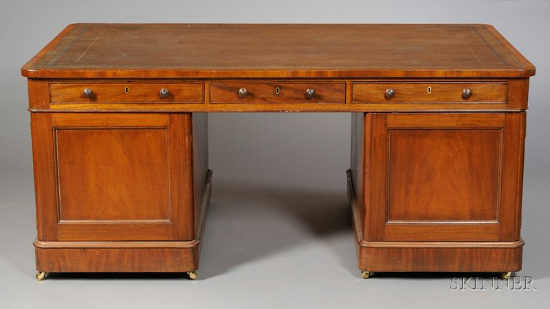 Appraisal: Victorian Mahogany Pedestal Partner's Desk th century with gilt tooled