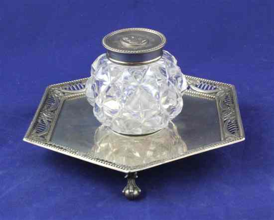 Appraisal: A Victorian silver inkstand of hexagonal form with pierced swag